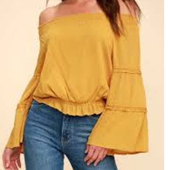 Lulus S Sunny Story Mustard Lace Bell Sleeve Off Shoulder Top Boho Cottagecore - Picture 3 of 11